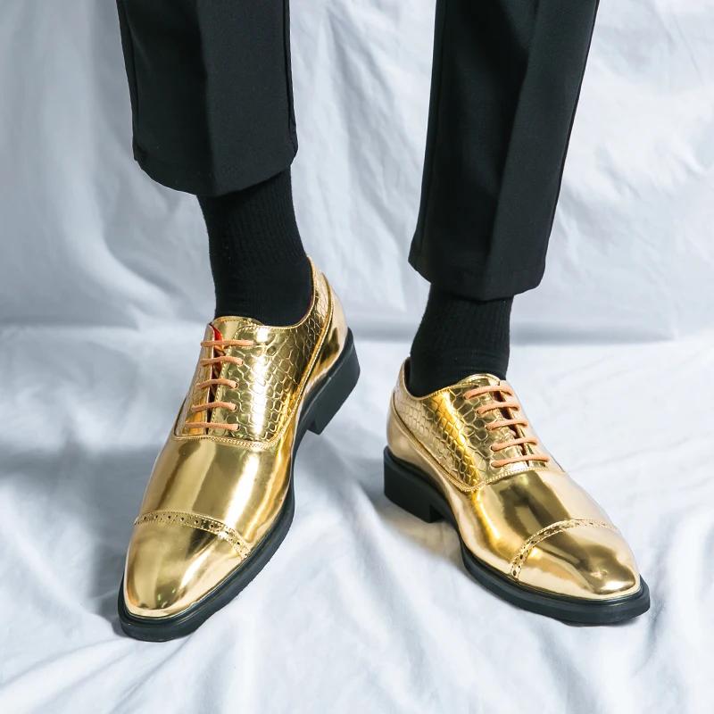 Luxury Designer Pointed Gold Black Brogue Oxford Leather Shoes for Men Formal Wedding Prom Dress Shoes Men Man Homecoming
