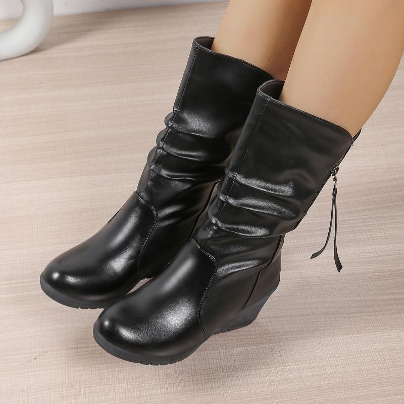 Mode Keil Baumwollstiefel Herbst Winter Neu Runde Zehe Seitenreißverschluss Plateau Rutschfest Verschleißfest Mid-Tube Stiefel