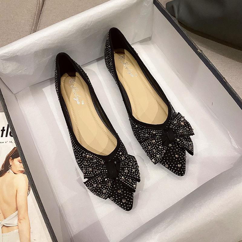 

Модные женские балетки с кристальным бантом, замшевые кожаные туфли с острым носком, повседневные женские мокасины с блестками и бусинами, мягкие мокасины 5 чёрный