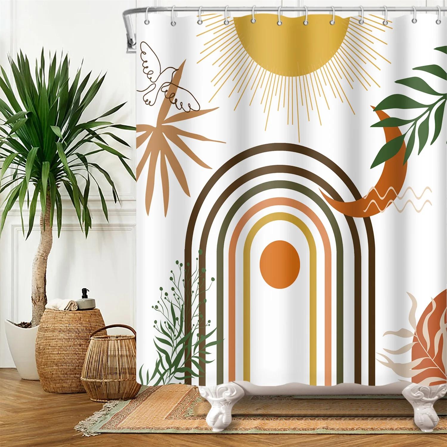 

Unframed Abstract Neutral Leaves Simple Bathroom Shower Curtain Mid Century Sun Minimalist Modern Polyester Fabric Decor Bathroo W60H190(CM)-1 Pcs
