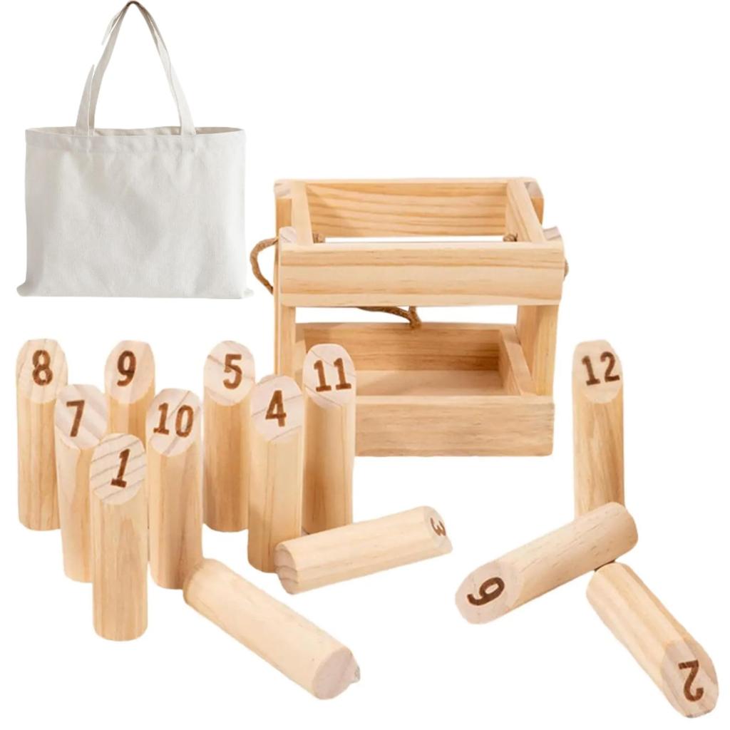 Rubonarie Wooden Skittle Game, Lightweight, with Storage Case, Mölkky Outdoor Game (Light Brown)