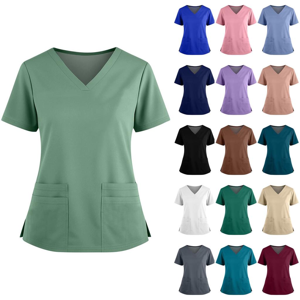 Women's Fashionable Solid Color V-neck Double Pocket Short Sleeved Shirt With Slit Hem Uniform And Worker Top