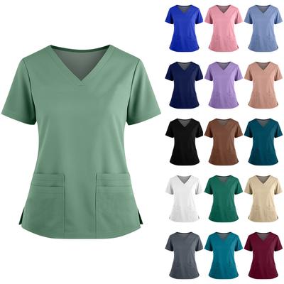 Camicia alla moda da donna con scollo a V colorata, tasche doppie, maniche corte e orlo con spacchi, Uniforme e Top da Lavoro