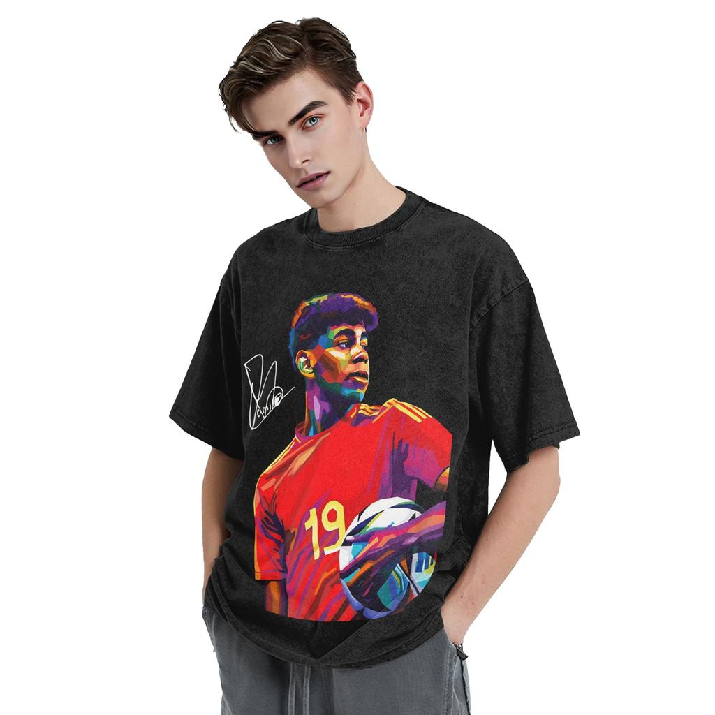 Lamine Yamal No19 Washed Distressed Football Graphic T Shirt Hip Hop Oversized Unisex Short Sleeve Summer Streetwear Fan Tee
