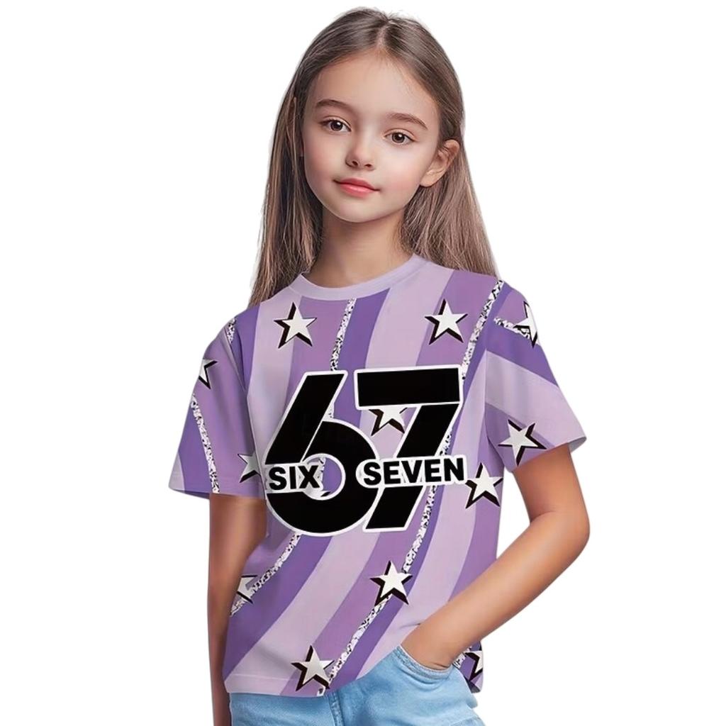 New 67 Meme T-Shirt for Boys Girls Fashion Splashed Ink 3D Print Girl Short Sleeve Tees Round Neck Top Loose Children's Clothing