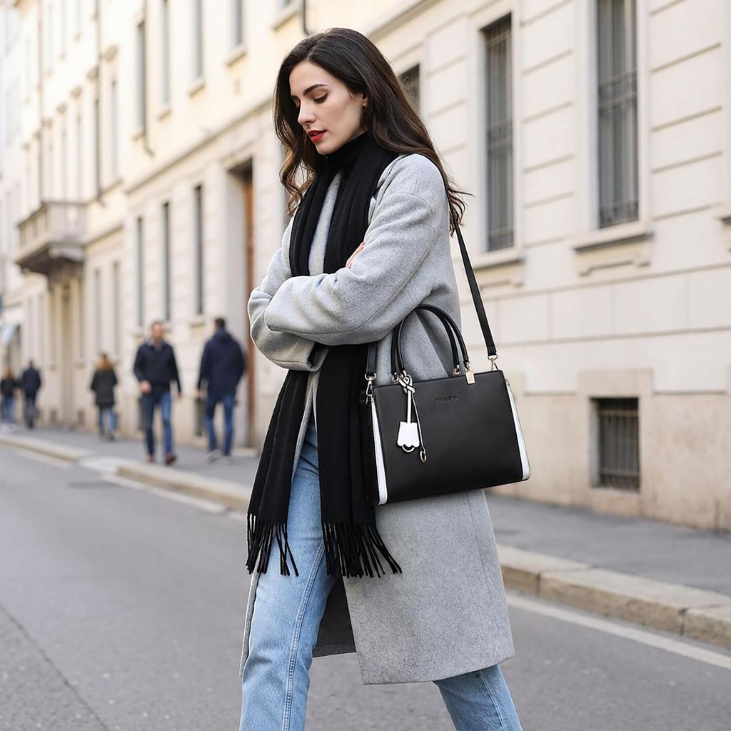 FORRICA Women's Elegant Shoulder Bag, PU Leather Messenger Bag, Tote Bag, Suitable for Travel and Shopping, Black