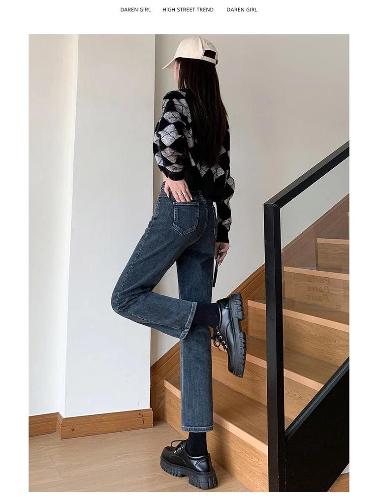 Women's Fleece-Lined High-Waisted Slimming Cigarette Pants - 2024 Autumn/Winter Straight-Leg Jeans.