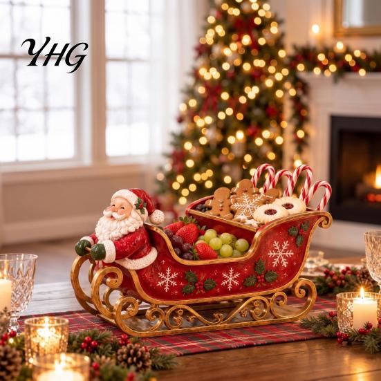 Retro Christmas Decoration Santa Sleigh Table Centerpiece, Multi?Compartment Candy Fruit Serving Bowl, Holiday Home Ornament Festive Tabletop