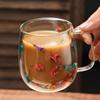 High-value Double-layer Glass Cup with Real Dried Flowers - Heat-resistant with Handle for Tea, Coffee, or Milk.