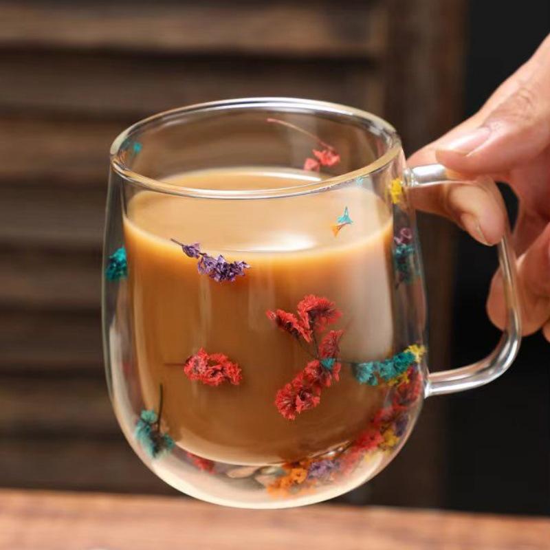 High-value Double-layer Glass Cup with Real Dried Flowers - Heat-resistant with Handle for Tea, Coffee, or Milk.