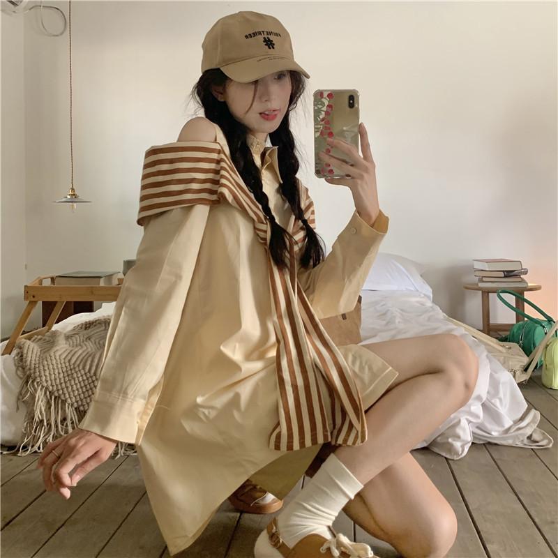 Fake Two Off-the-shoulder Polo Dress Women's Early Autumn Platycodon French Shawl Medium and Long Sexy Striped Shirt Skirt