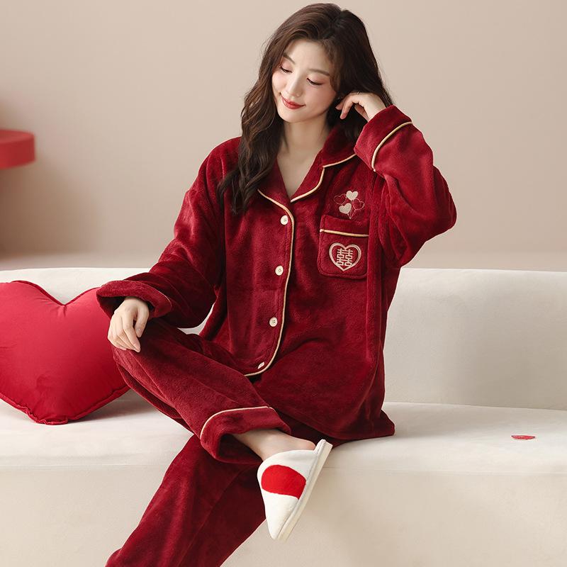 Pajamas wedding newlywed couple set winter coral fleece fleece thickened new Chinese red loungewear set