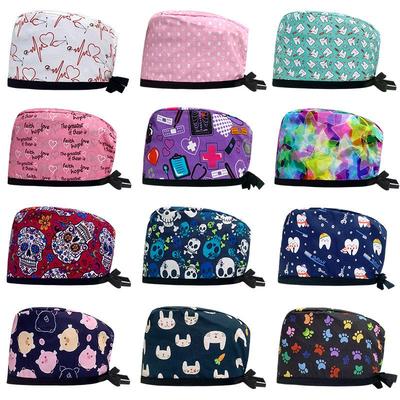 Adjustable Printed Cotton Surgical Cap for Long Hair, Unisex Dentist/Clinic Frosted Hat