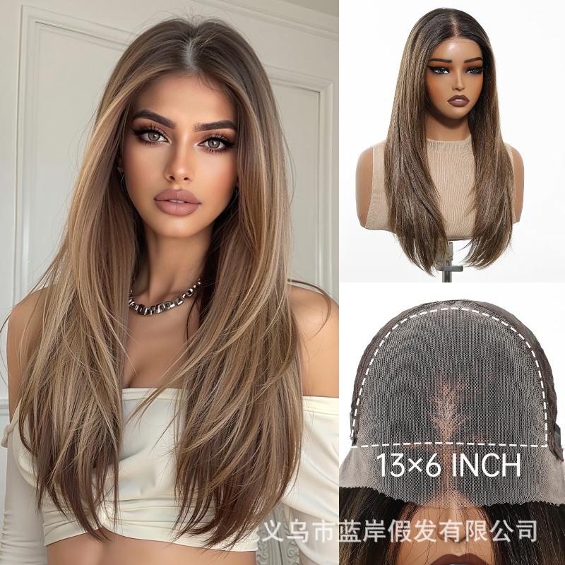 * HD large area lace wig medium black brown long straight hair fashion full hood lace Wig