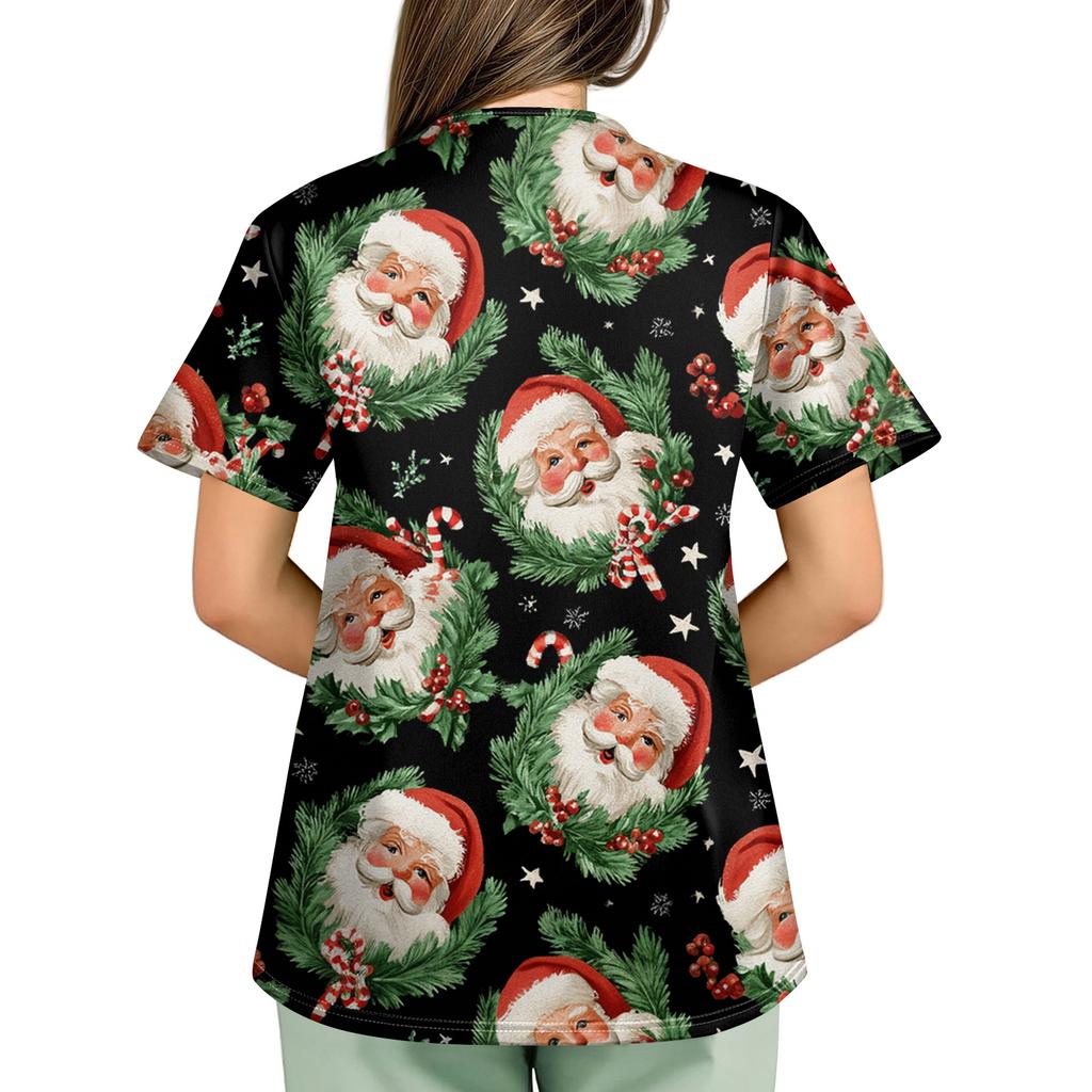 Plus SizePrinted Scrub Working Uniform Tops For Women's Cross V-Neck Print Short Sleeve Fun T-Shirts Workwear Tee With Pockets