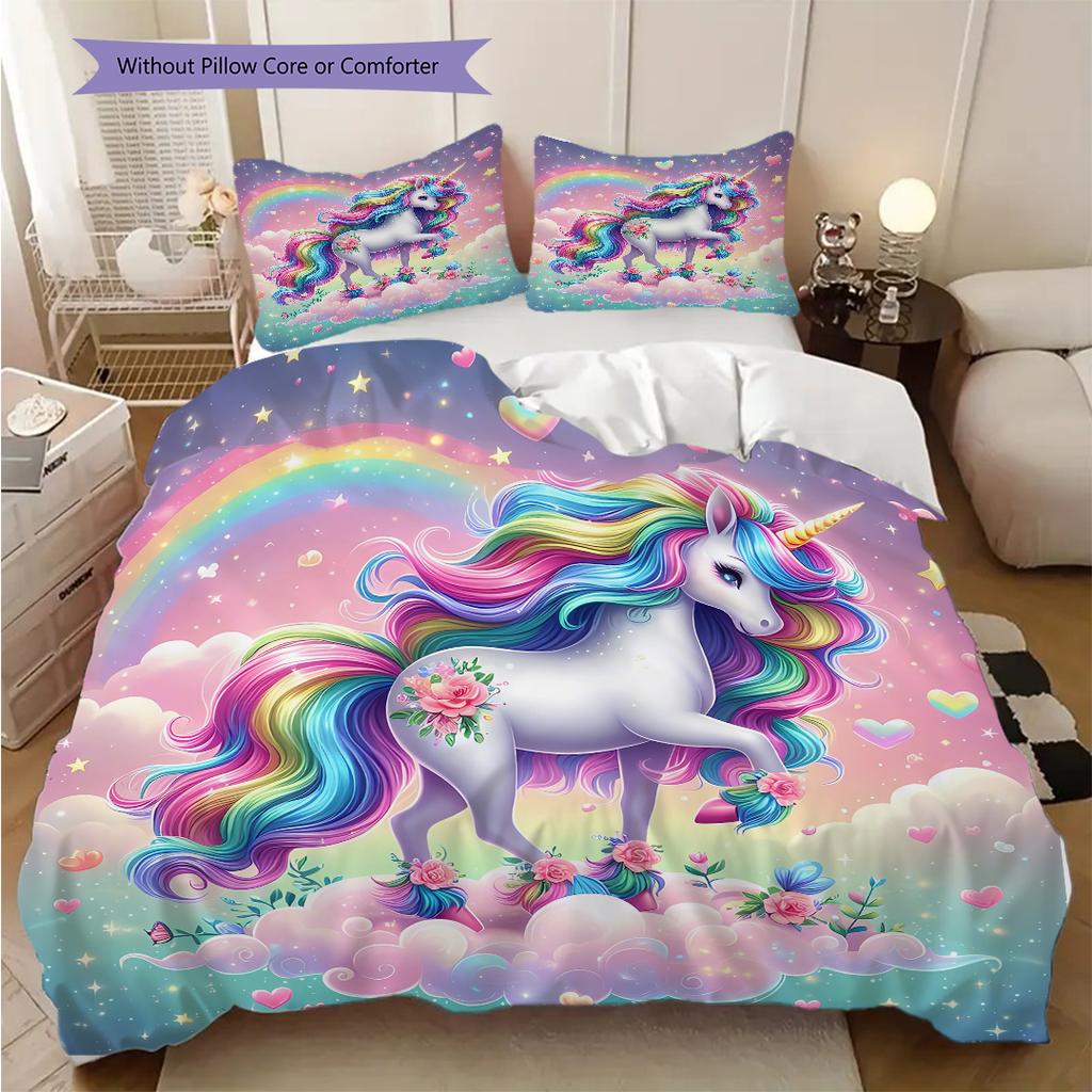 Einhorn auf den Wolken Bettwäsche, Bettbezug, Kissenbezug, Heimdekoration, Geburtstagsgeschenk (1 * Bettbezug+2 * Kissenbezug, ohne Füllung)