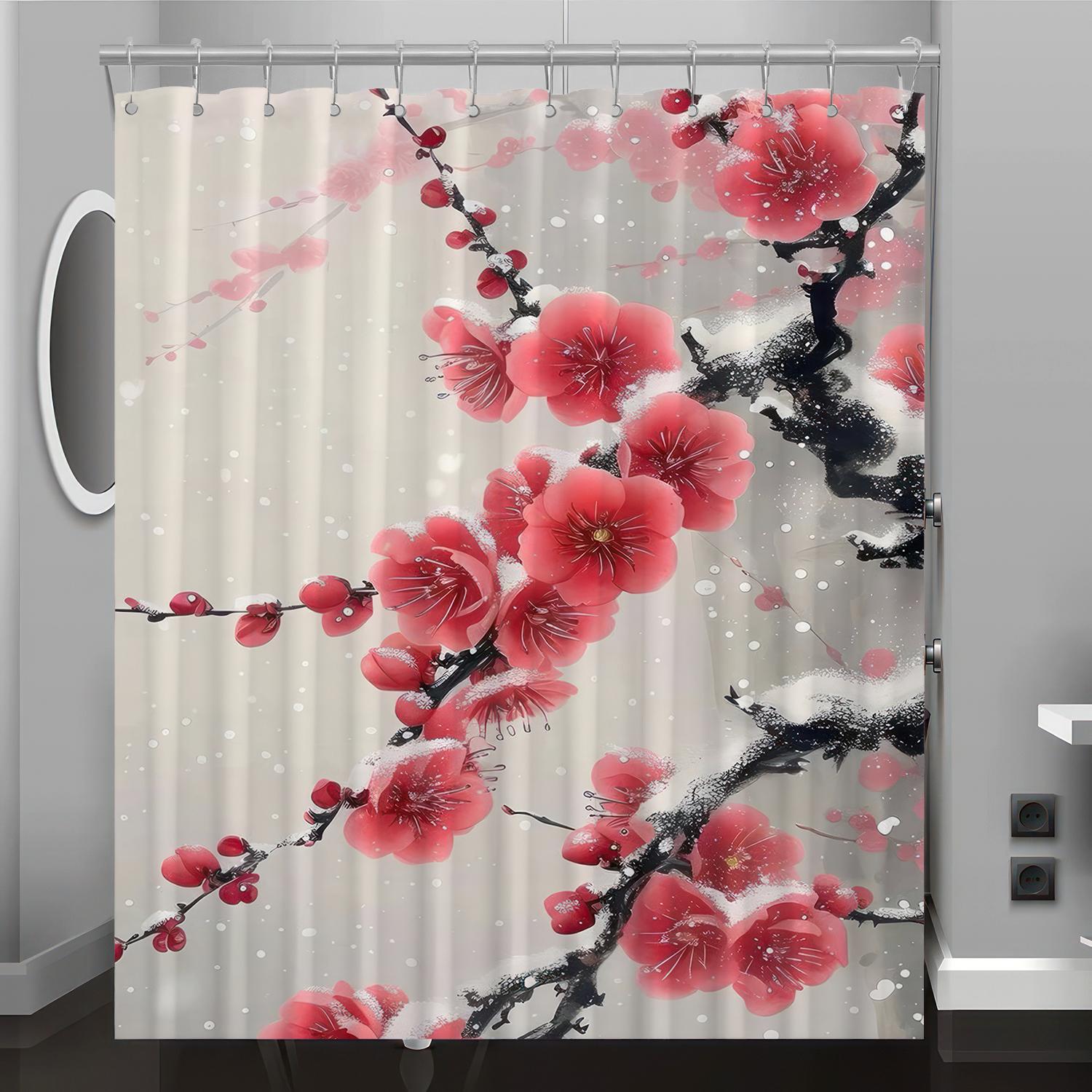 

Plum Tree Pattern Digital Print Shower Curtain Bathroom Renovation Home Decoration Free Hooks Polyester Perfect For Washroom W100*H130(CM)-Rod Pocket&2PCS