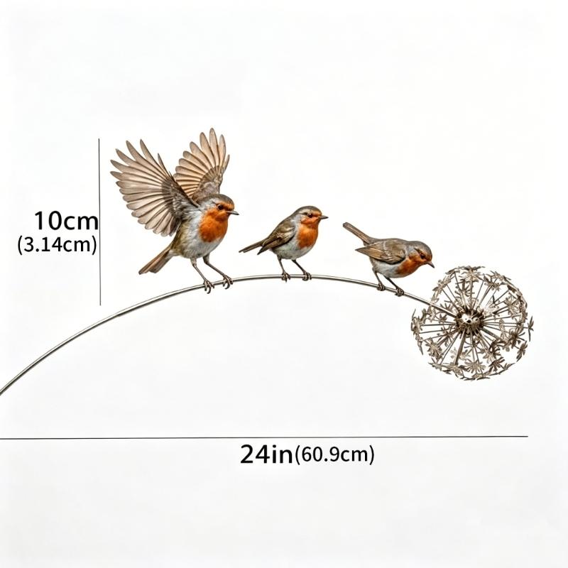 Three Bird Garden Stake Metal Yard Piece with Curved Branch Detail and 24 Inch Soil Insert for Pot Groupings, Lawn Lines and Garden Rows