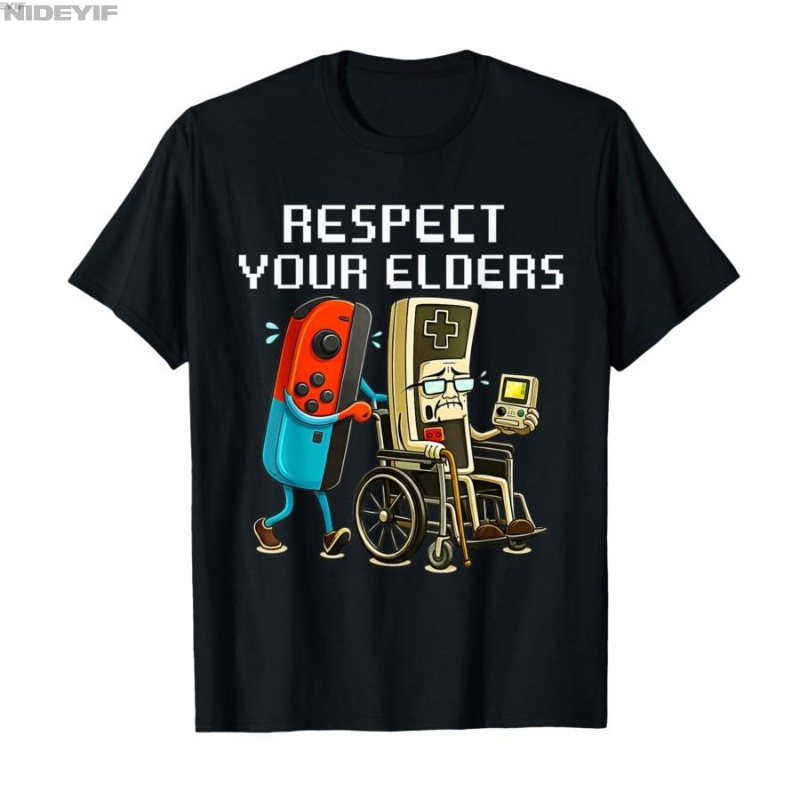 2026 Respect Your Elders Gaming Control Retro Funny Gamer Tshirt For Men Women 100 Cotton T Shirts Short Sleeve Tops L
