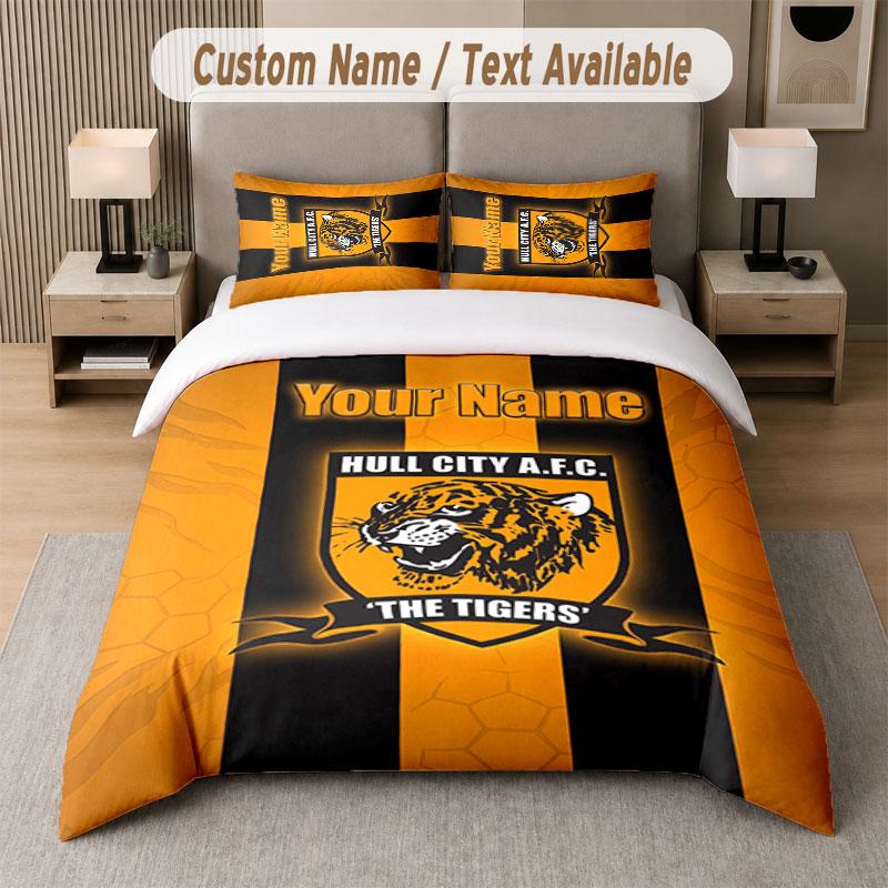 Set Biancheria da Letto Personalizzato Modello Hull FC, Stampa Nome Testo 1 Copripiumino più 2 Federe Tessile per la Casa