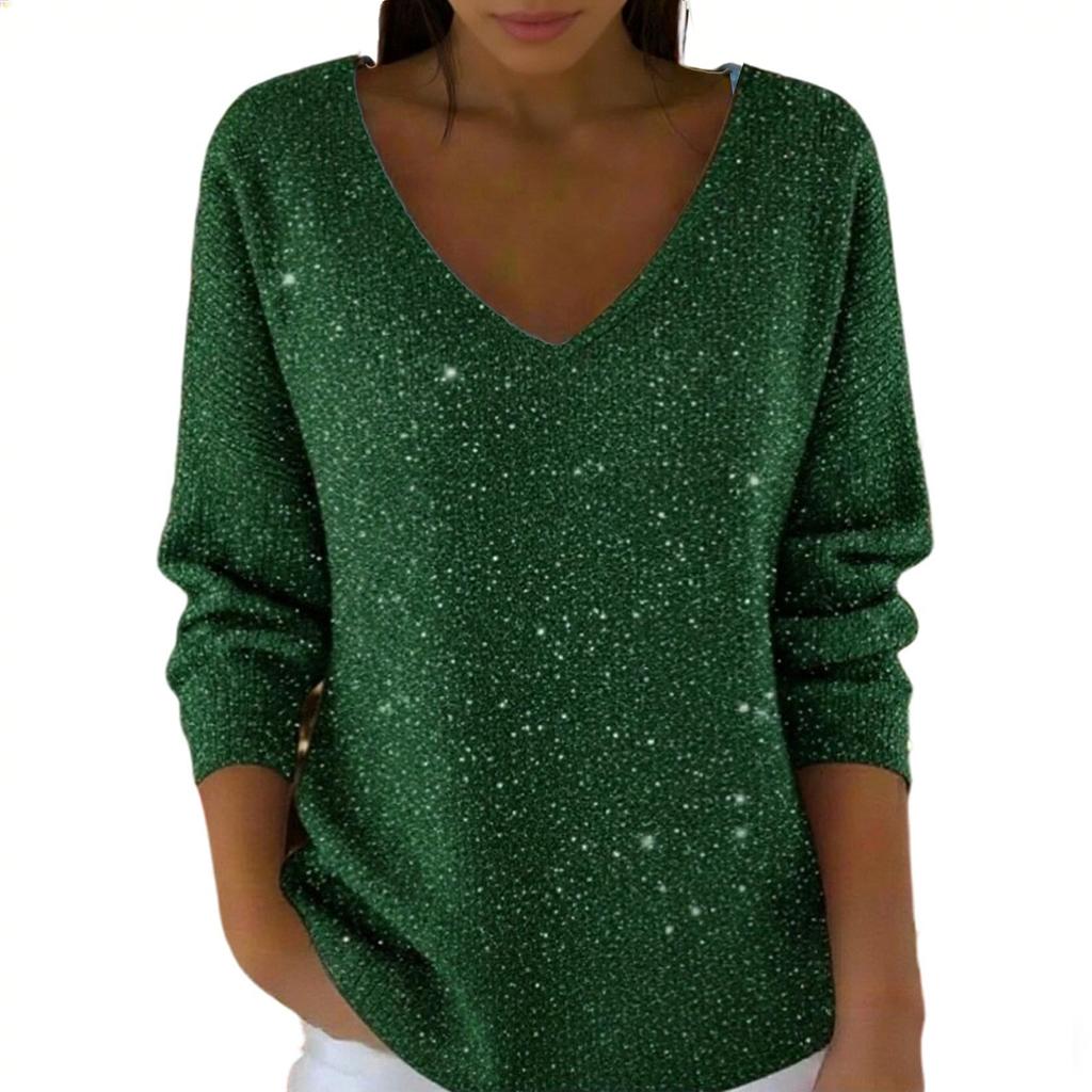 Women's Casual Daily Long-Sleeved V-Neck Faux Sweater Knitted Pullover Top With Sequins