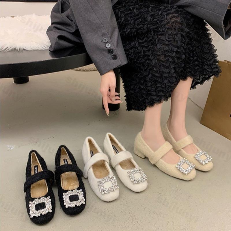 Fashion Women's Elegant Square Head Shallow Mouth Hairy Single Shoes 2025 Autumn Warm Comfortable Versatile Plush Mary Jane Cotton Shoes