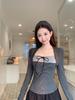 Korean Style Striped Spliced Two-Piece: Women's Winter Cotton T-Shirt & Black Woollen Midi Skirt Set