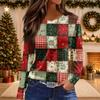 Women's Christmas Print Long Sleeve Top with Round Neck and Side Slit Hem Festive Holiday Blouse