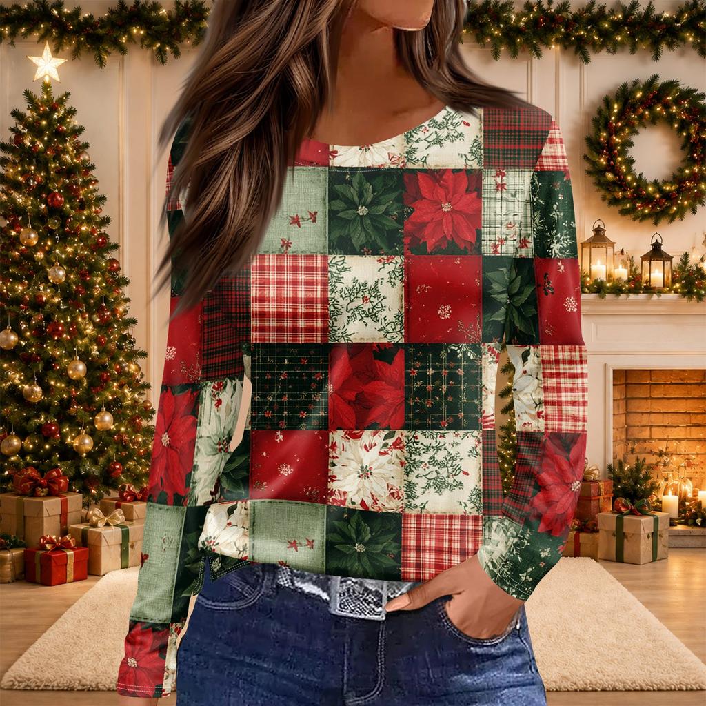 Women's Christmas Print Long Sleeve Top with Round Neck and Side Slit Hem Festive Holiday Blouse