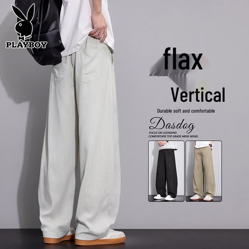 PLAYBOY Men s Linen Blend Wide-Leg Casual Pants 3XL