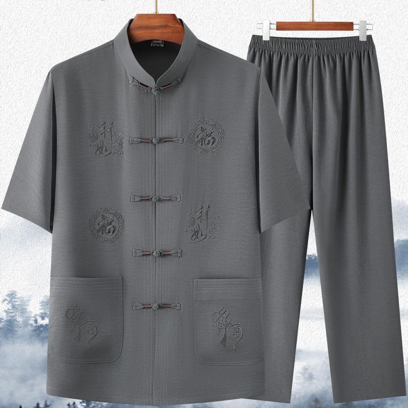 Men's Summer Ice Silk Tang Suit Short-Sleeve Chinese Shirt for Dad and Grandpa