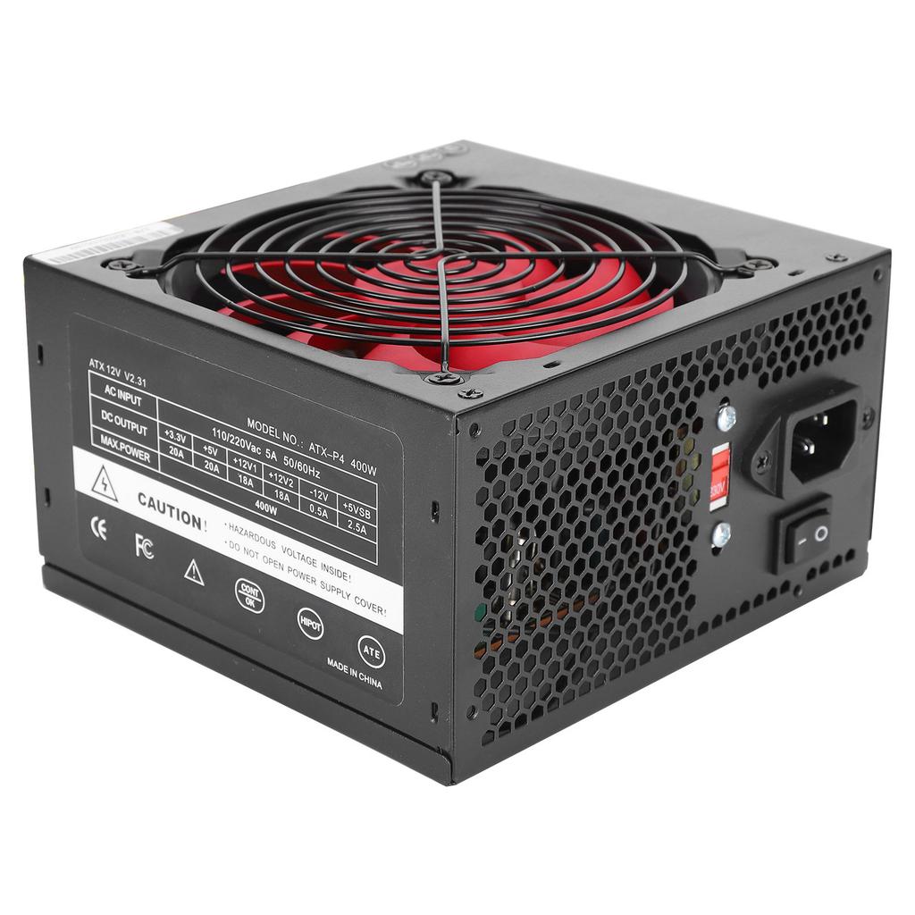 PC Power Supply 400W Silent Computer Parts ATX 24-Pin 12cm Red 9-Blade Fan Adjustable 115