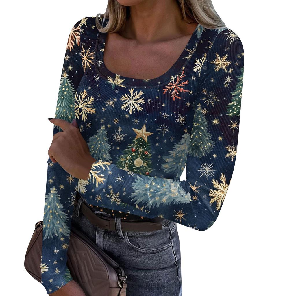 Women's Fashion Slim Bottom T-Shirt Christmas Printed U Neck Pullover Long Sleeve Top