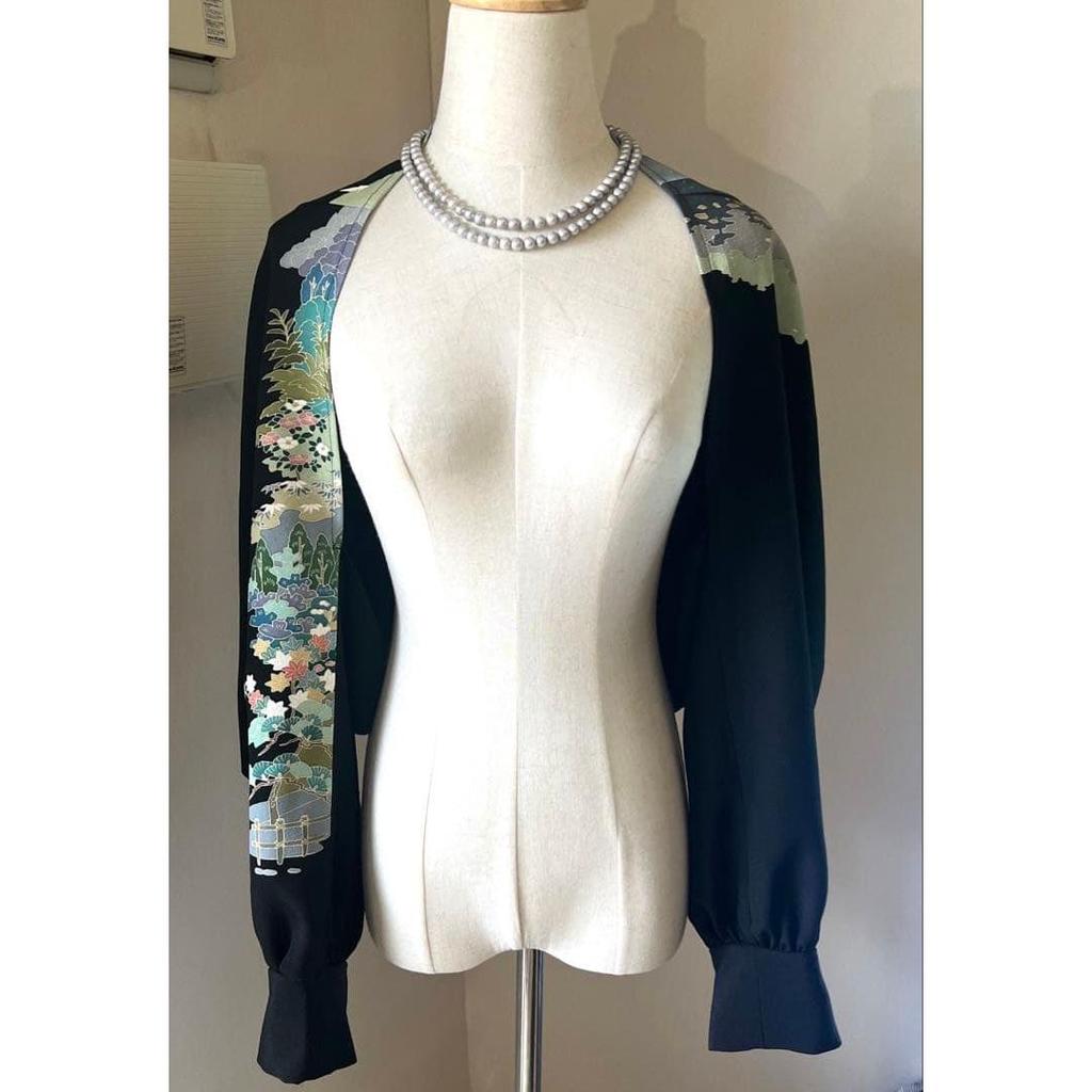 Used No.329 Original Work Black Tomesode Remake Bud Bolero & Stole M~2L Size Length 50