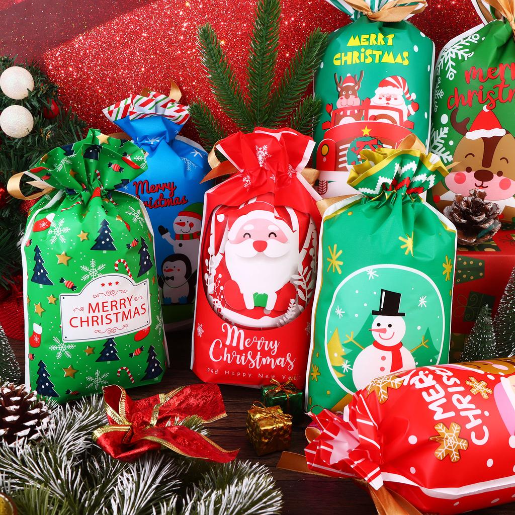 50Pcs Small Christmas Gift Bags Goody Bags Reusable Chrismas Drawstring Wrapping Bags Xmas Gift Sacks Treat Bags For School Offi