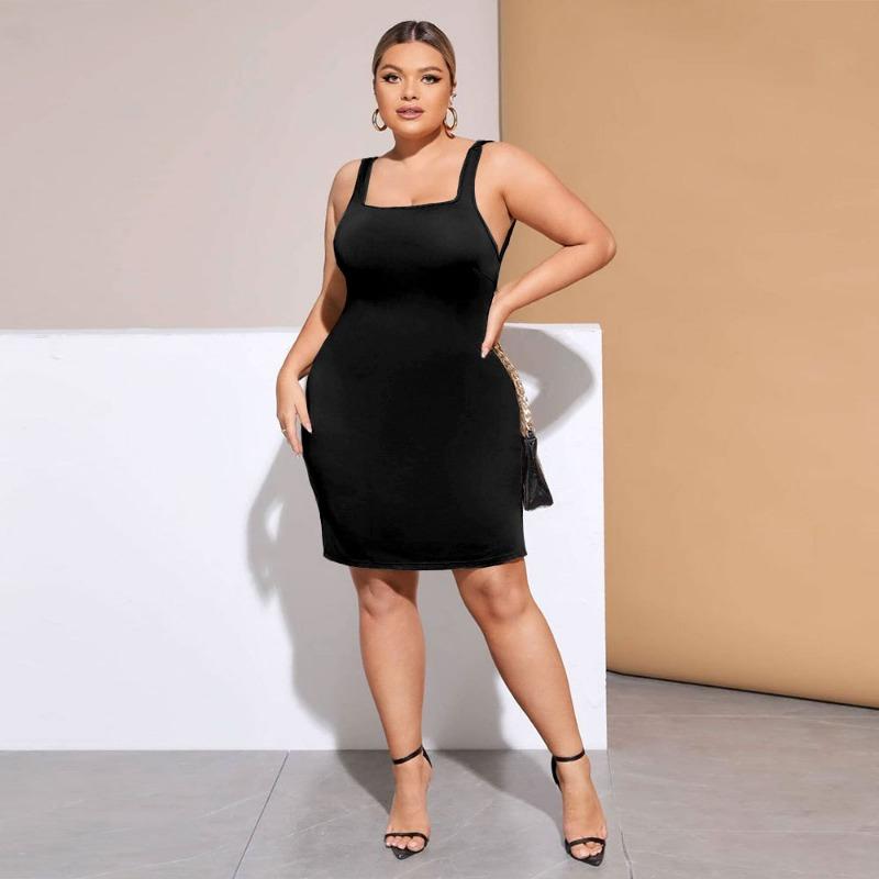 Lässiges ärmelloses Kleid mit quadratischem Ausschnitt für Damen, einfarbig, Übergröße, bequemes schwarzes Kleid, Kleid mit hoher Taille, modisches Strandkleid