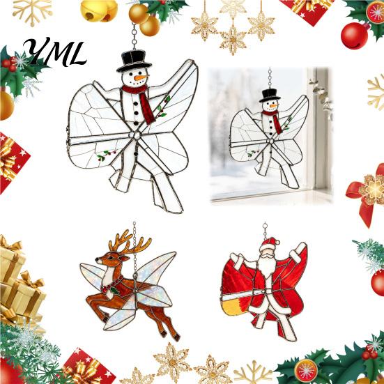 Christmas Tree Decor Snowman/Santa Claus/Deer Suncatcher, Stained Glass Style Pendant with Hanging Acrylic Chain, 2D Flat Ornament for Garden