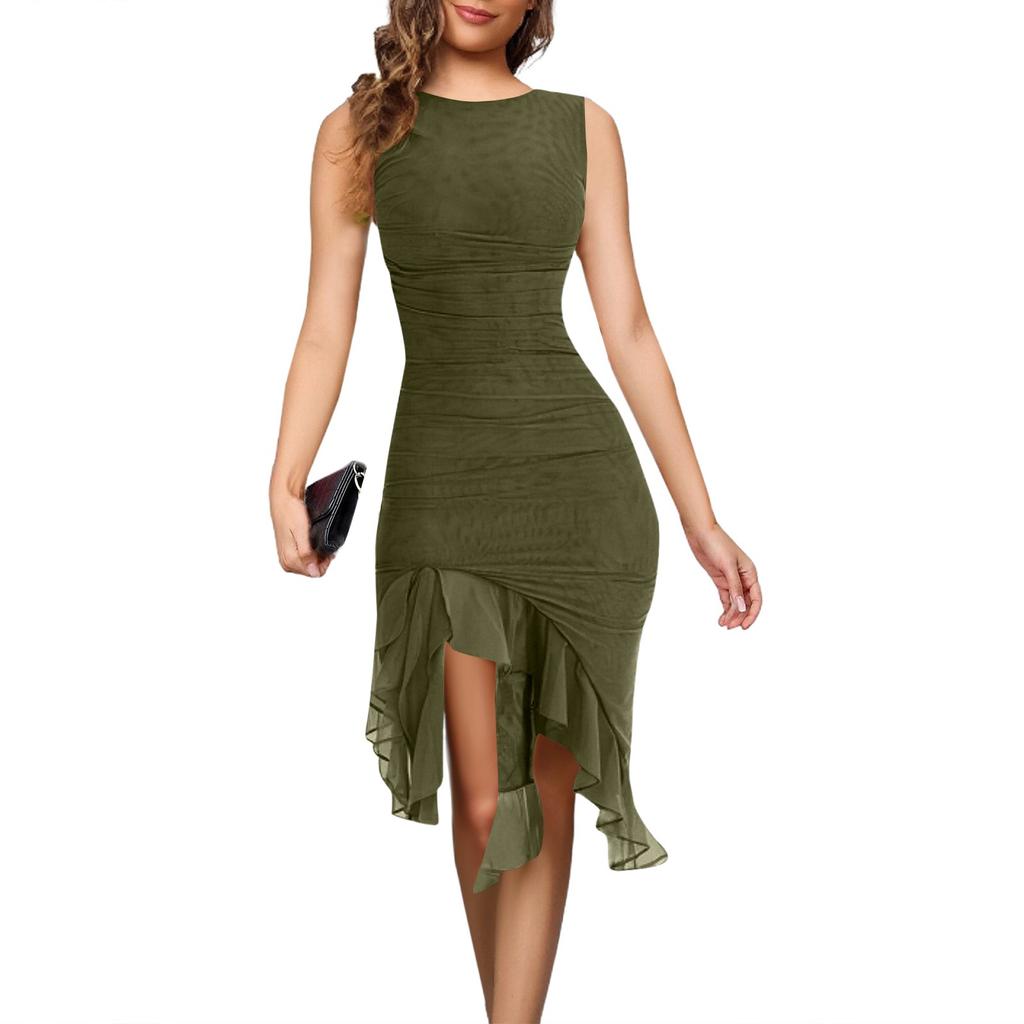 Women's Elegant Bell Sleeve Cocktail Party Dresses For Wedding Guest Fit And Flare Church Midi Evening Dress