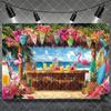Hawaiian Tropical Summer Beach Background with Flamencos, Flowers, Aloha, Luau, Surfboard, for Parties, Photographic Studio Decoration