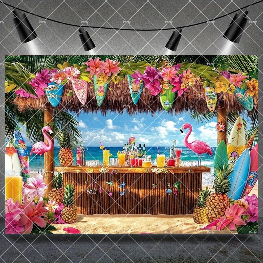 Hawaiian Tropical Summer Beach Background with Flamencos, Flowers, Aloha, Luau, Surfboard, for Parties, Photographic Studio Decoration