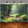 Serene Sunlit Forest Tapestry, Misty Woodland with Two Fawns by a Stream, Daisies and Ferns Under a Soft Glow, Calming Nature Wall Art