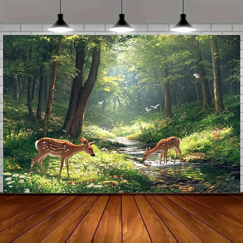 Serene Sunlit Forest Tapestry, Misty Woodland with Two Fawns by a Stream, Daisies and Ferns Under a Soft Glow, Calming Nature Wall Art