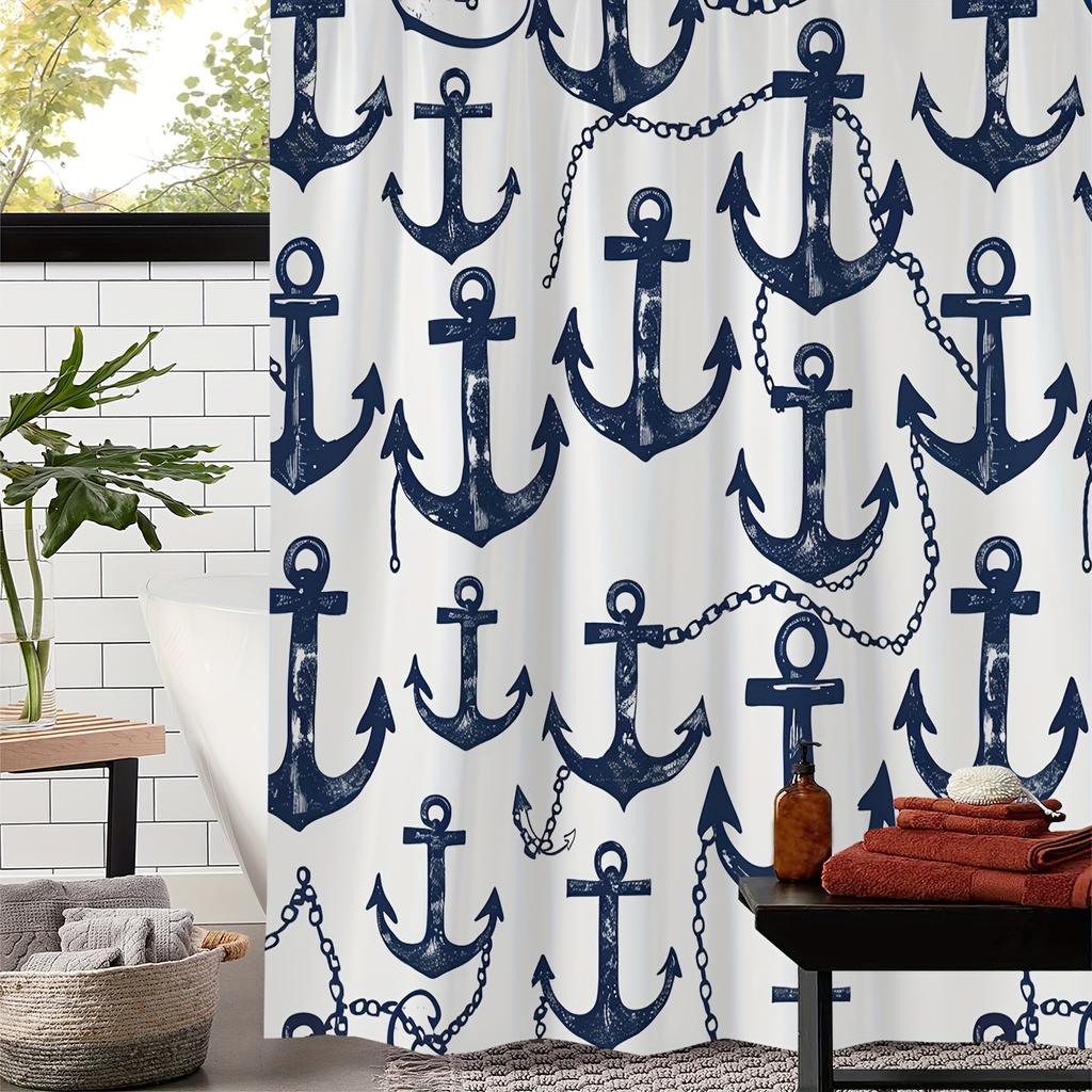 Vintage Ocean Anchor Print Shower Curtain, Window Curtain With 12 Hooks 180X180Cm Bathroom Decoration