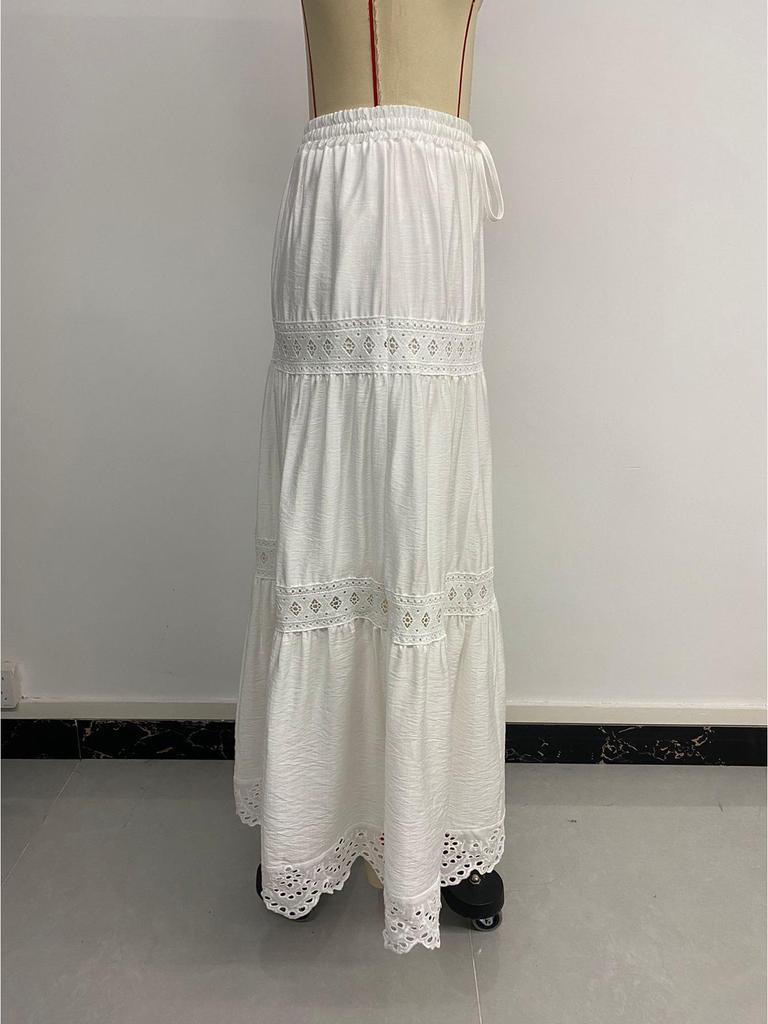 2025 Summer Lace Trim Patchwork Maxi Skirt - European Holiday Style