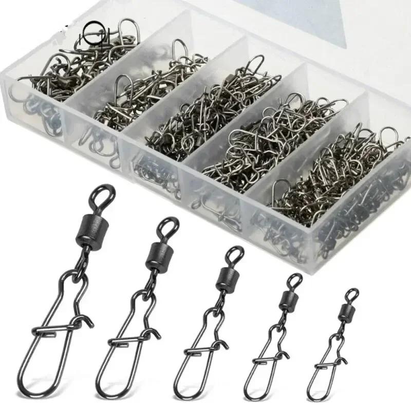 50pcs Fishing Connector Pins Set with Bearing Rolling Swivel Snap Fishhook Lure Accessories #4 #6 #8 #10 #12 for Angling