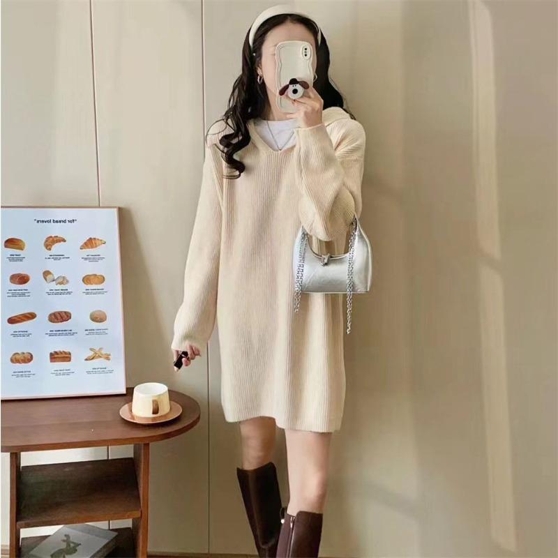 Temperament Medium and Long Hooded Knitted Sweater Top Women's Autumn and Winter New Loose and Thin Solid Color Pullover Sweater Women