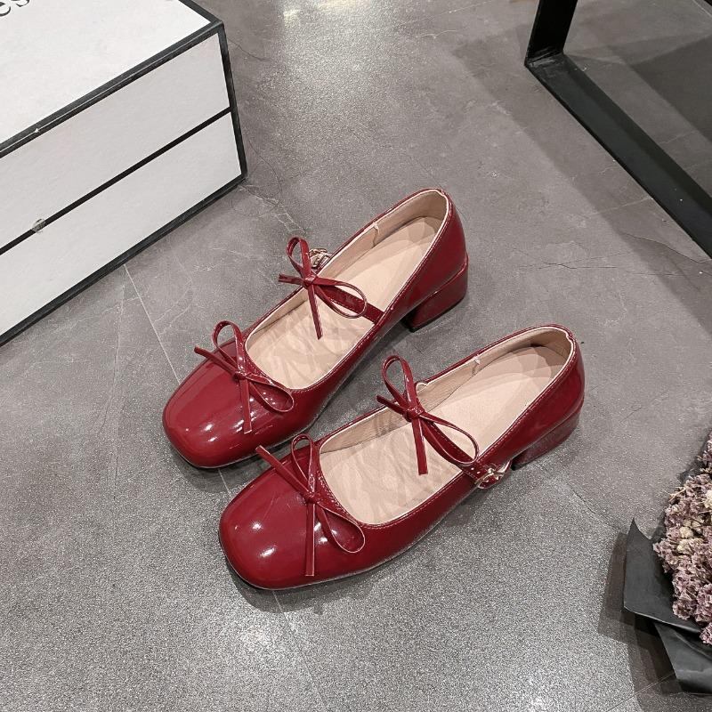 

New Mary Jane shoes women s head thick heel small leather shoes bow light mouth with skirt single shoes new 35 бордовый