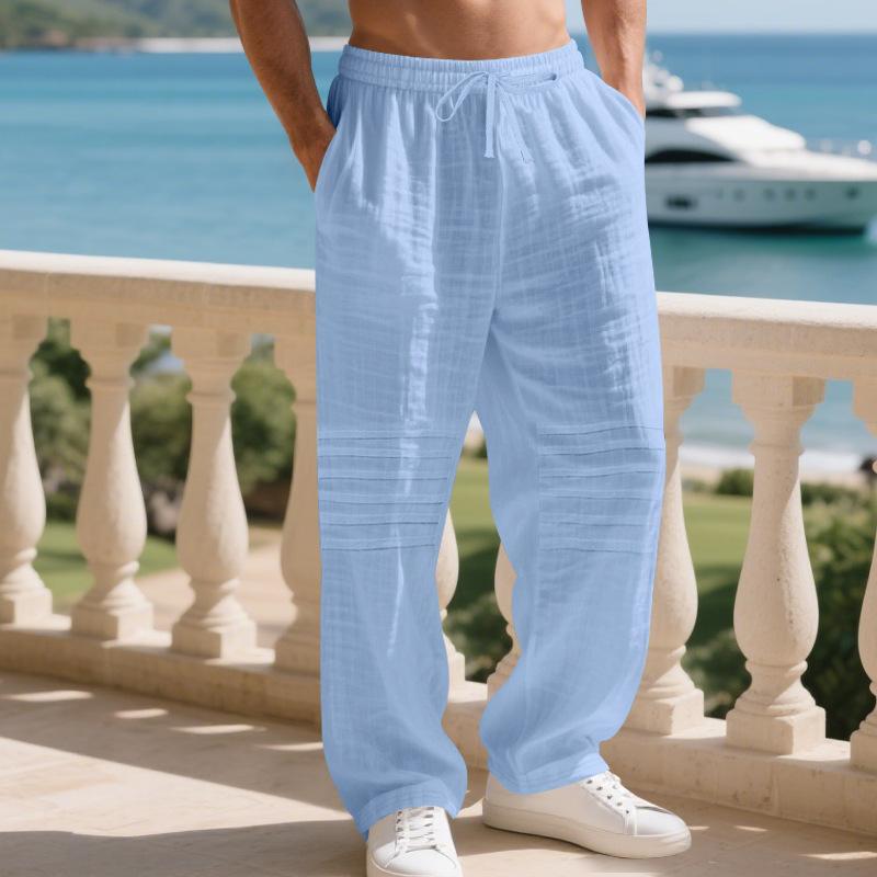 Men Linen Texture Drawstring Pants Elastic Waist Loose Fit Lightweight Breathable Summer Beach Trousers