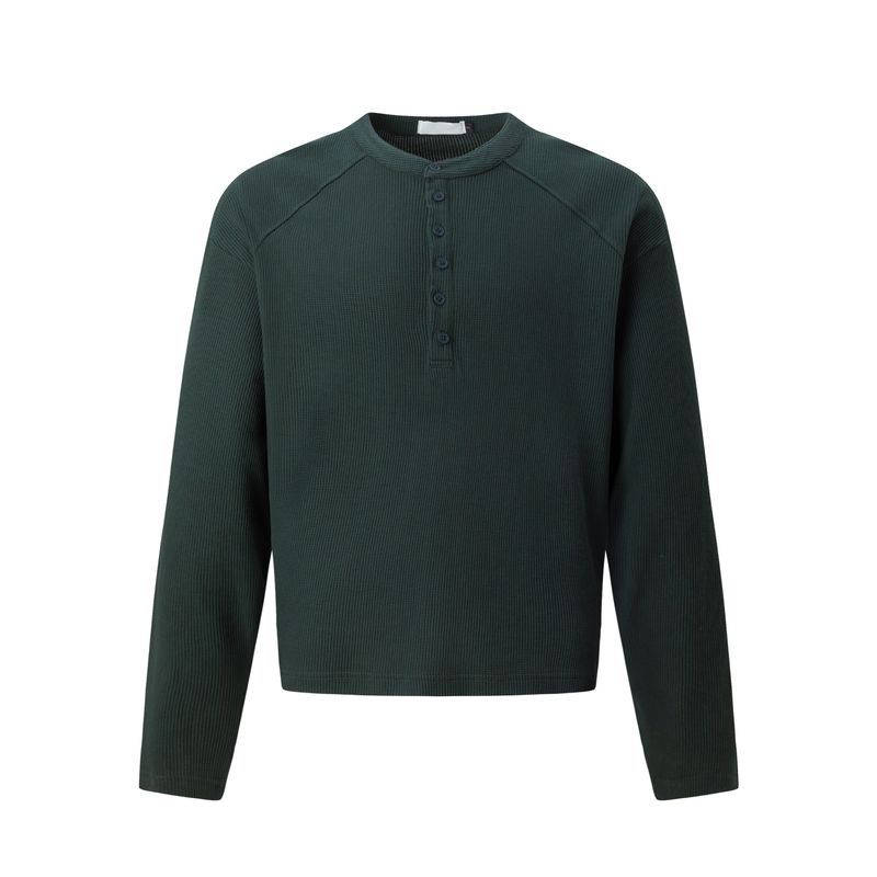 Kisko High-End Henry Collar Waffle Raglan Sleeve Long-Sleeve T-Shirt for Men and Women Cleanfit Casual Inner Wear Top