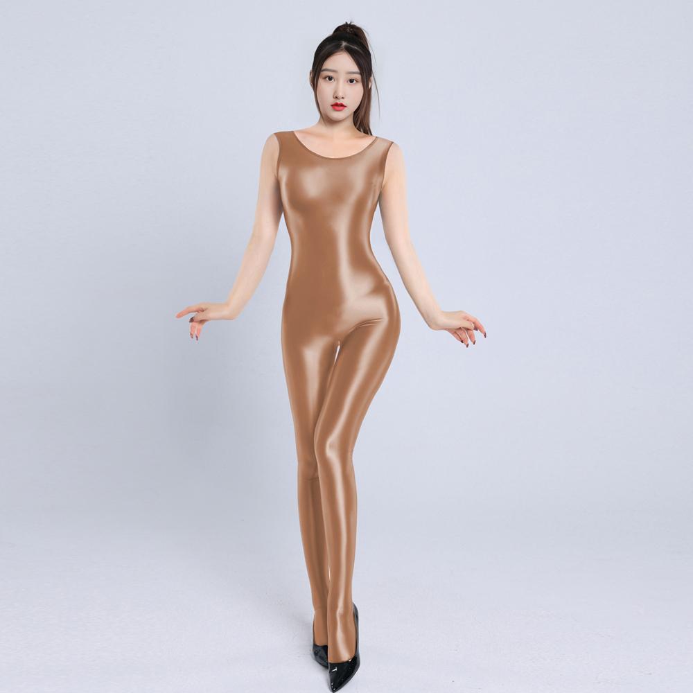 Sexy Women Yoga Shaper Dance Wear Oil Glossy Shiny Elastic Bodysuit Sheer See Through Satin Shapping Tights Candy Color
